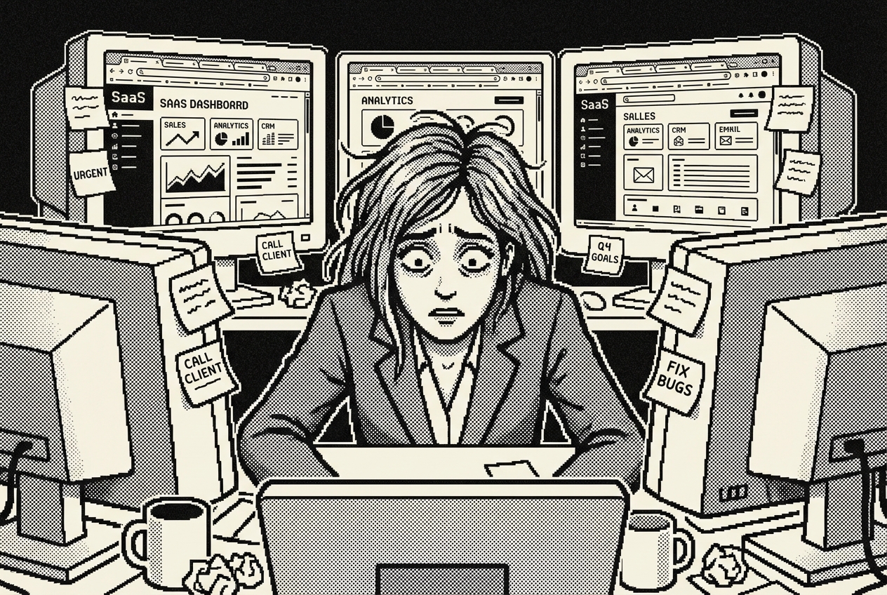 Maya at her desk, surrounded by dashboards