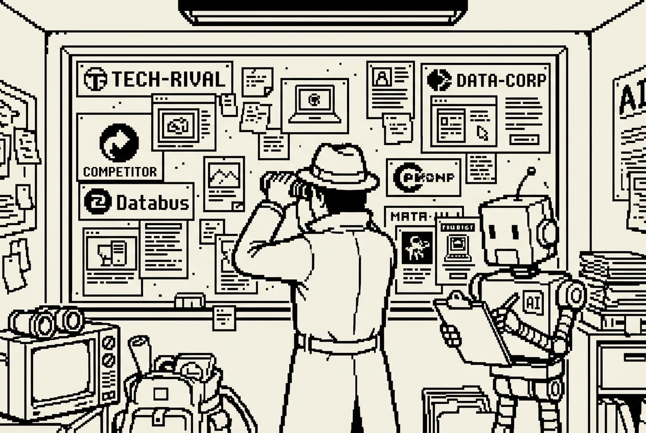 Person with binoculars studying competitor corkboard