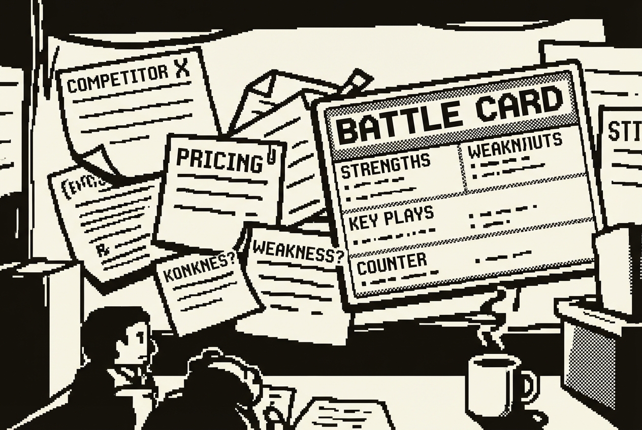 Scattered competitive intelligence notes consolidating into a structured battle card