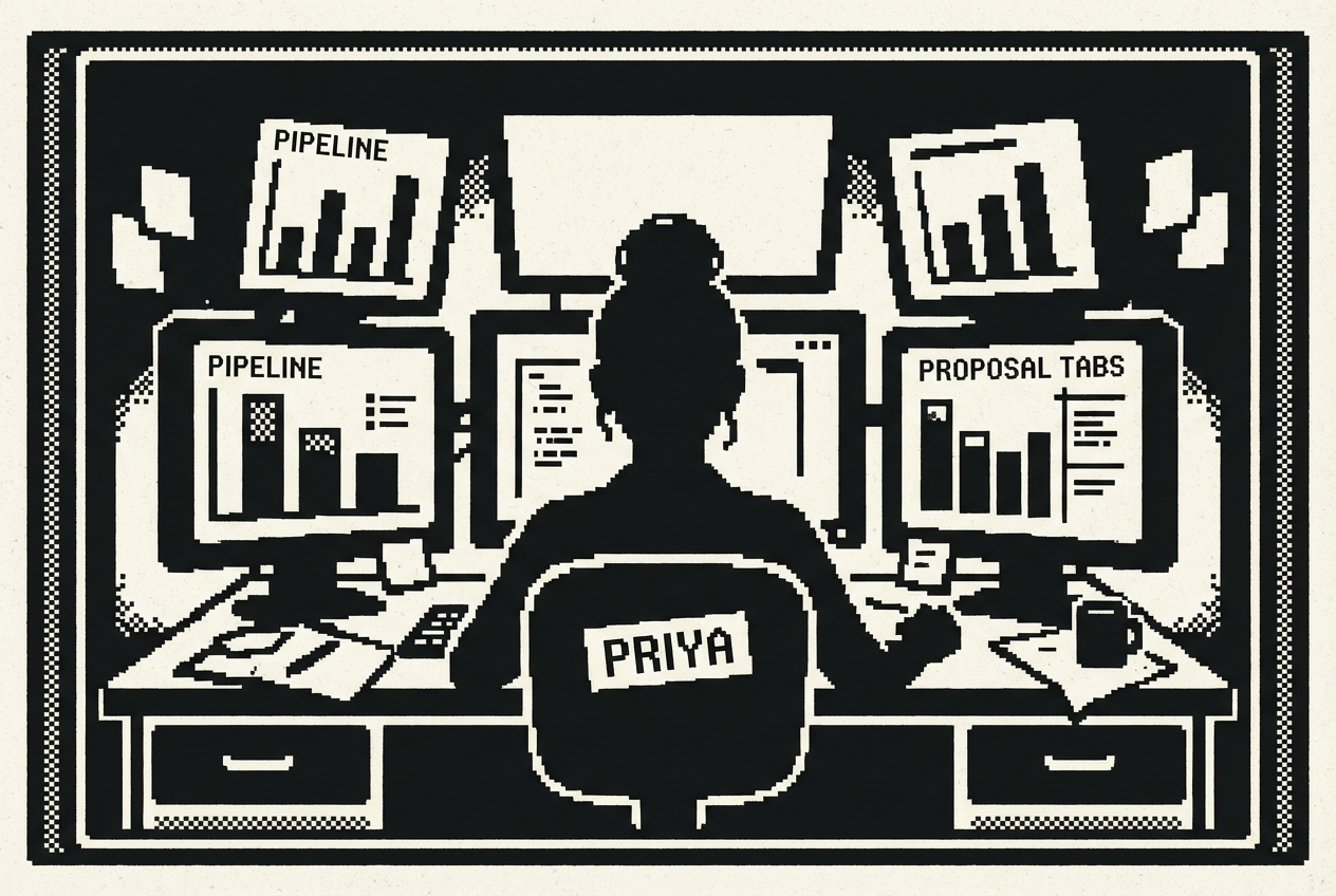 Priya at her desk, surrounded by pipeline dashboards and proposal tabs
