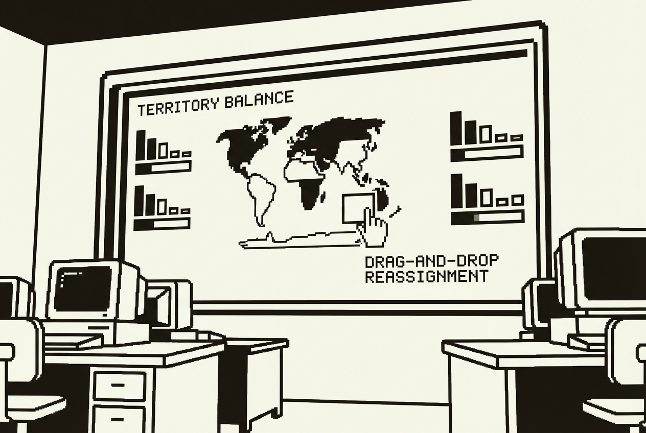 Visual territory dashboard with balance indicators and drag-and-drop reassignment