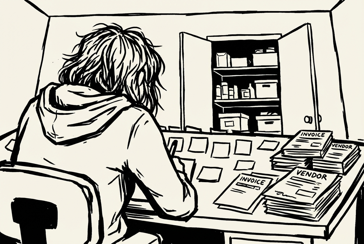 Lisa at her desk, surrounded by sticky notes, vendor invoices, and a supply closet in the background