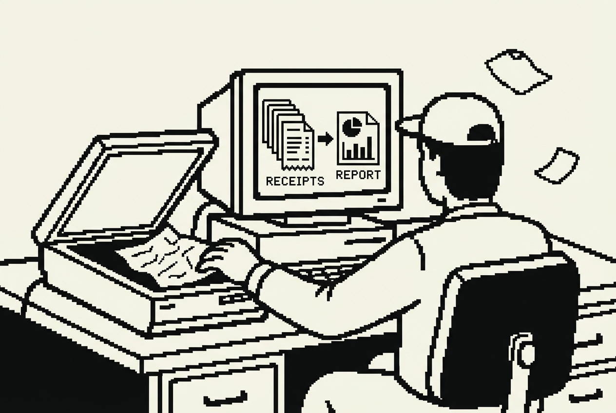 Receipts being scanned and organized into a clean report