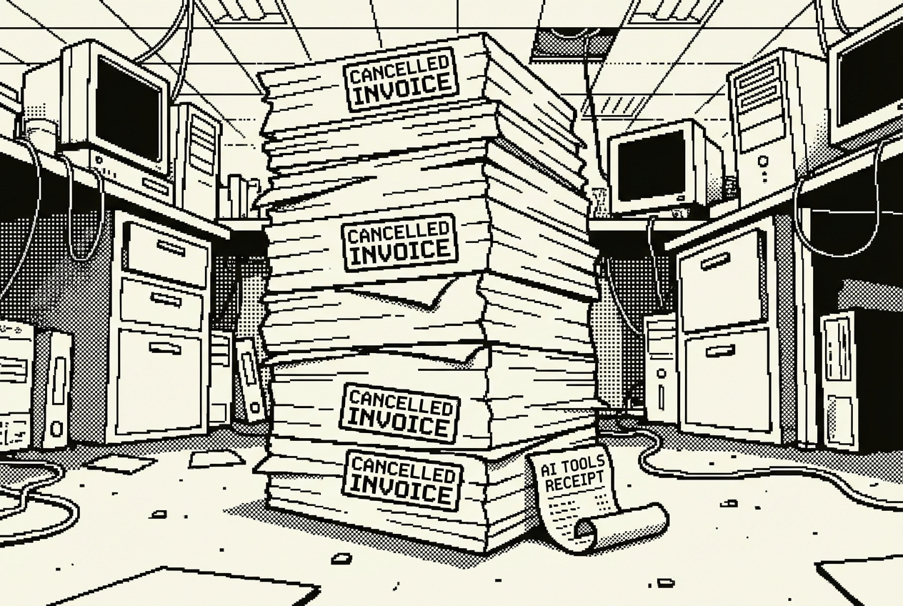 Ten cancelled invoices stacked next to a single small receipt for AI tools