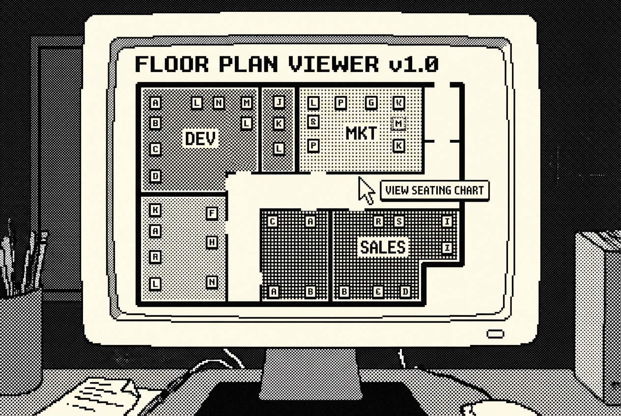 Interactive floor plan with color-coded department sections