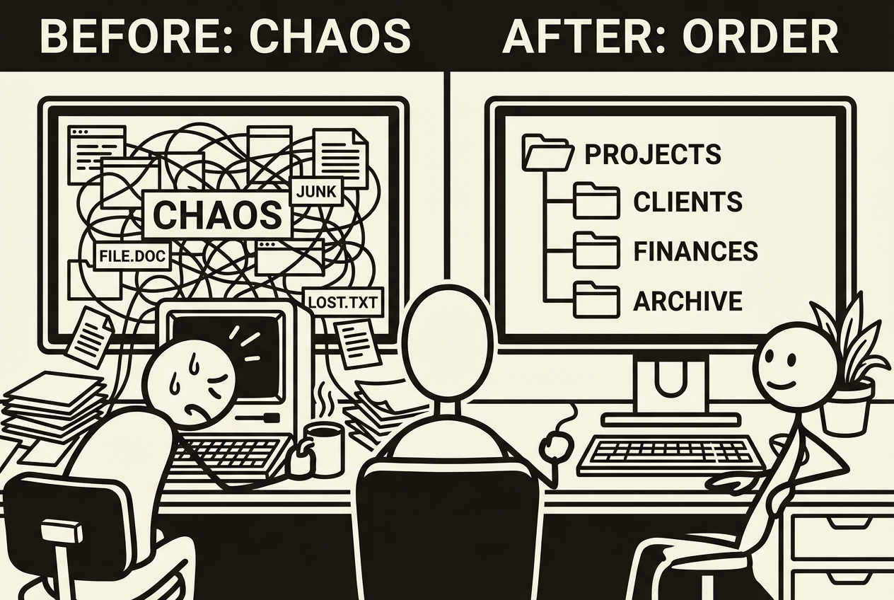 Before and after view of a chaotic file structure transformed into a clean, organized hierarchy