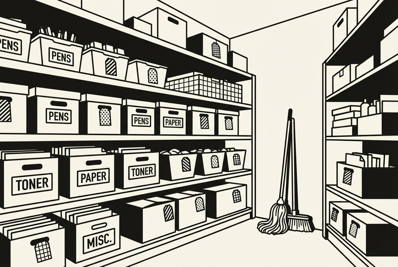 An organized supply closet with color-coded inventory labels
