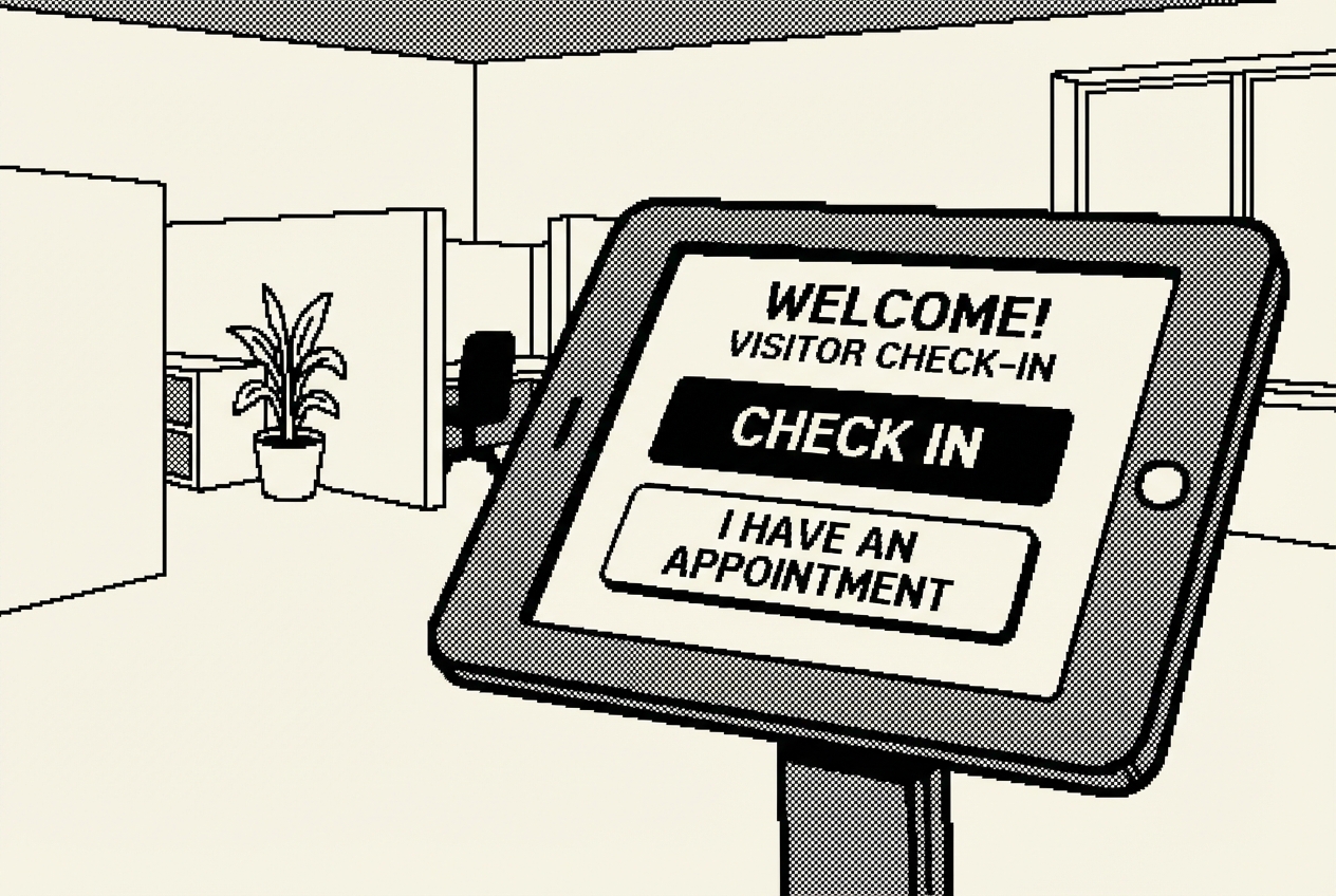 A tablet showing a simple visitor check-in screen with a welcoming message