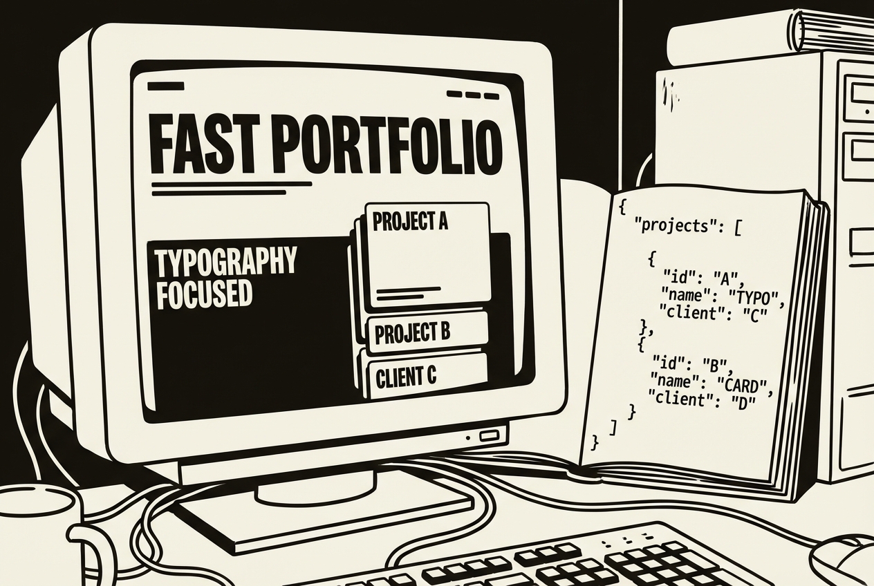 A fast, typography-focused portfolio site with project cards and a JSON data file beside it